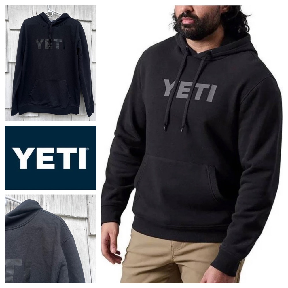 YETI Men's Black Brushed Fleece Logo Pullover Hoodie Sweatshirt Size Large